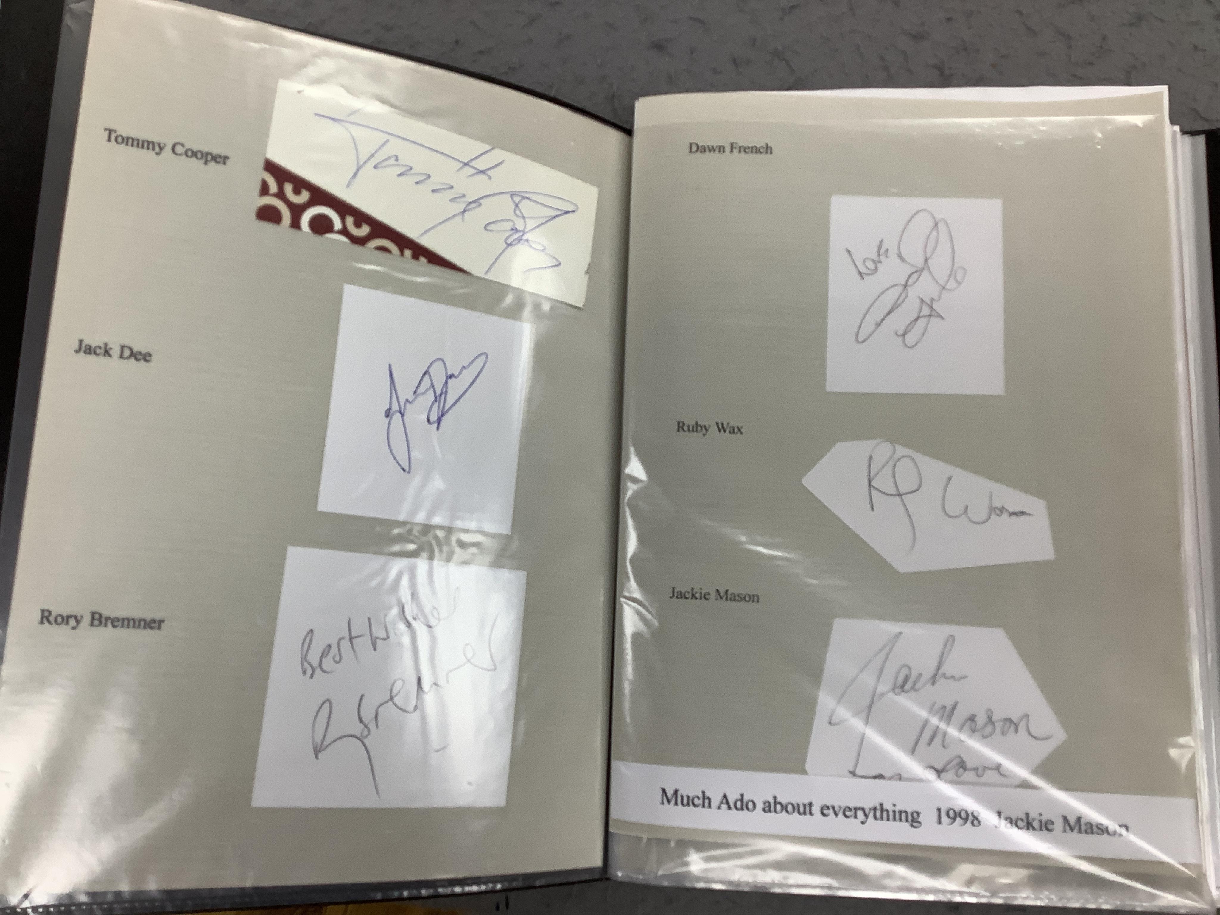 A collection of autographs, signed photos, signed theatre programs, theatre tickets, etc. contained within four folders, celebrities include; Tommy Cooper, Peter Kay, Bruce Forsyth, Roy Bremner, Ruby Wax, Dawn French, Vi